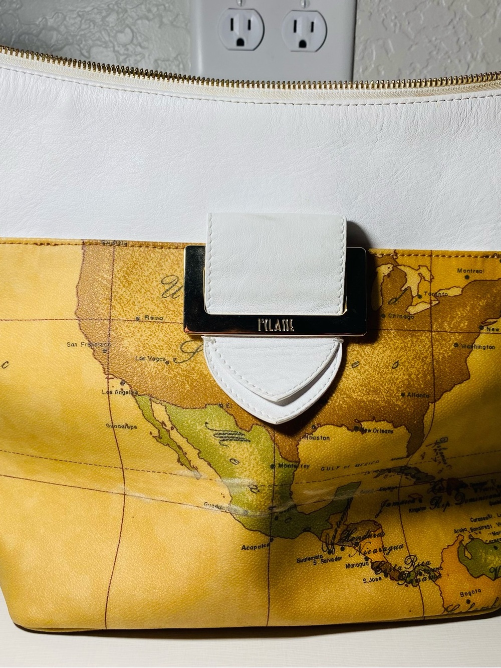 Alviero Martini White & Yellow Map-Print Shoulder Bag